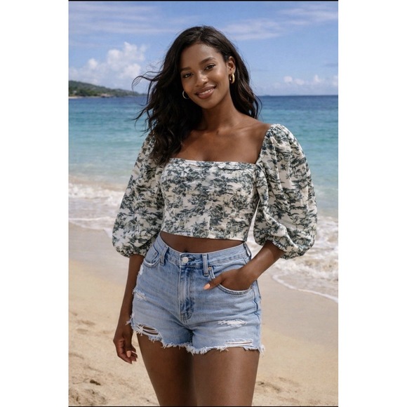 Abercrombie & Fitch Scenic Print Linen Blend Puff Sleeve Cropped Blouse Small - Picture 2 of 10